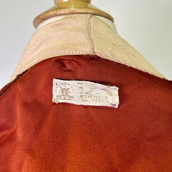 VTG 70s Burnt Orange Velour Robe Varsity Stripe Lounge Kimono Style Mid Century - Picture 13 of 16